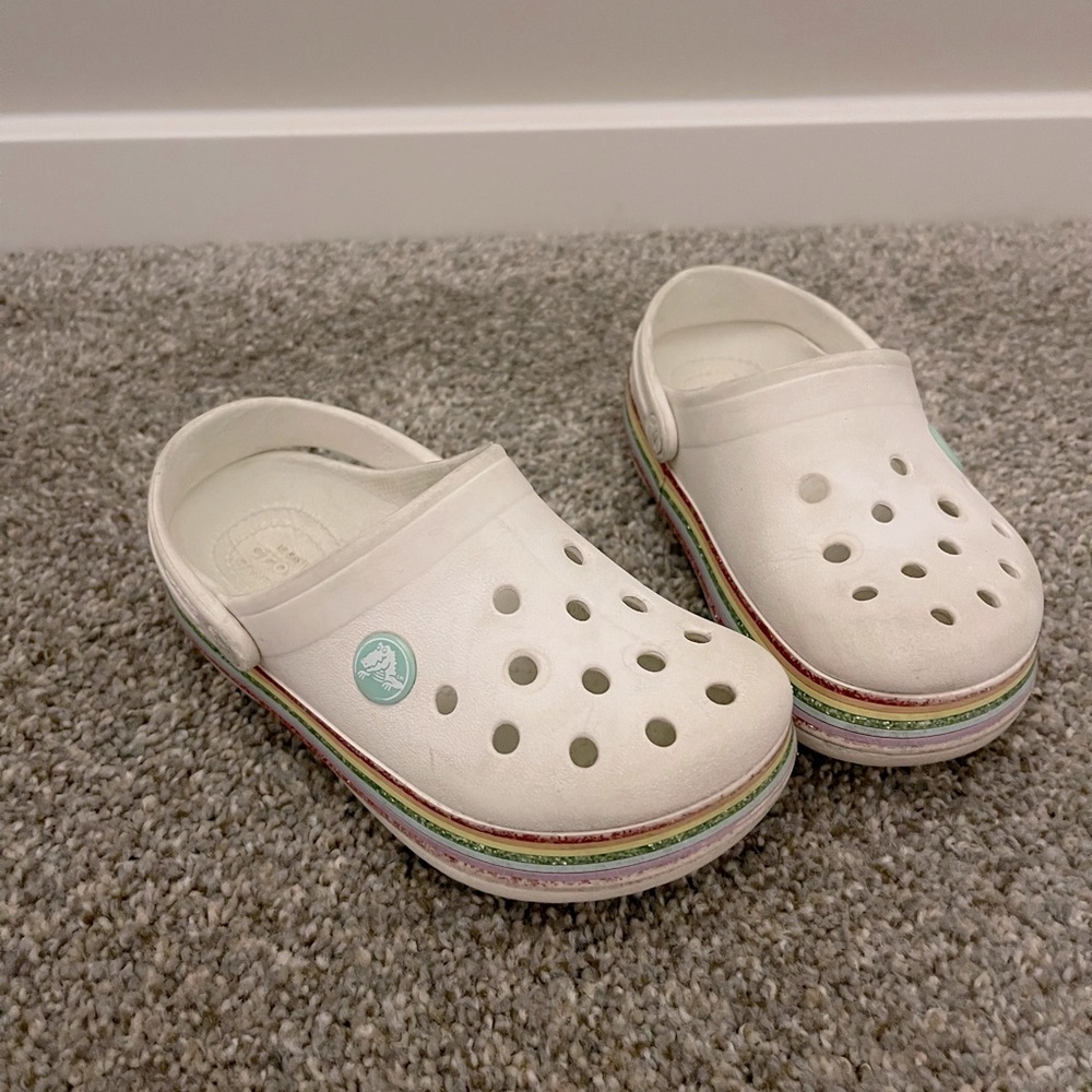 Toddler/Little girl’s Crocs clogs- rainbow white size 11